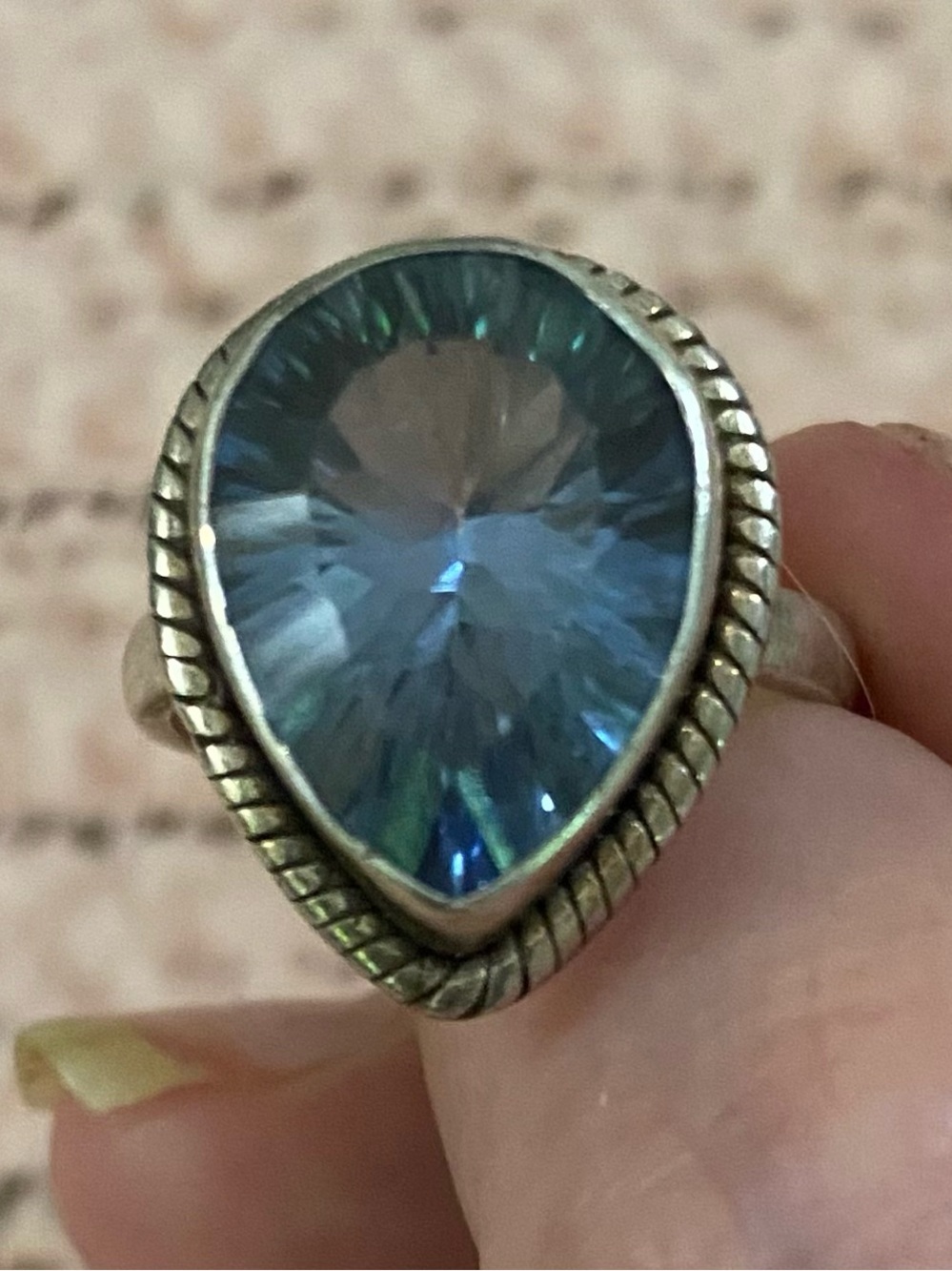 Teardrop Blue Aquamarine and sterling silver ring. Marked .925.